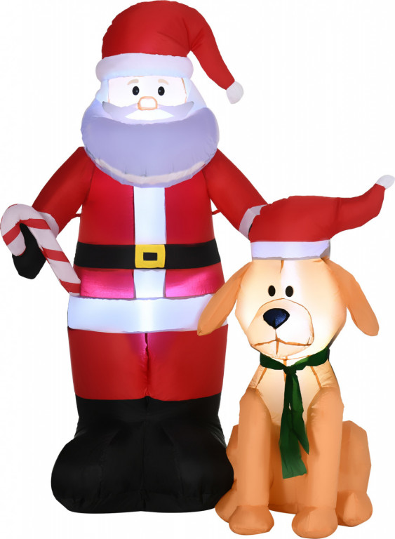Moș Crăciun gonflabil cu câine și iluminare LED | roșu + maro