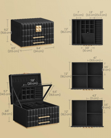 Cutie pentru bijuterii cu 3 niveluri și oglindă | negru č.4