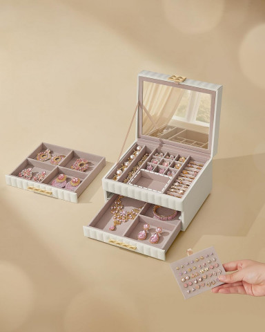 Cutie pentru bijuterii cu 3 niveluri și oglindă | alb č.4