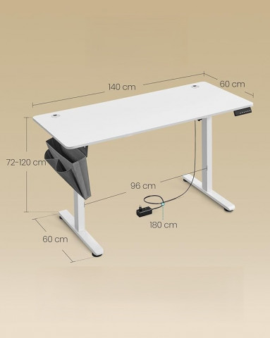 Elektricky nastavitelný PC stůl 60 x 140 x 72 -120 cm | bílý č.3