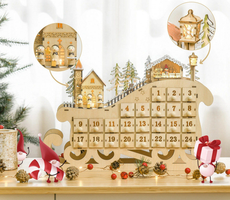 Calendar de Advent în formă de sanie 45 × 10 × 31 cm | lemn natural