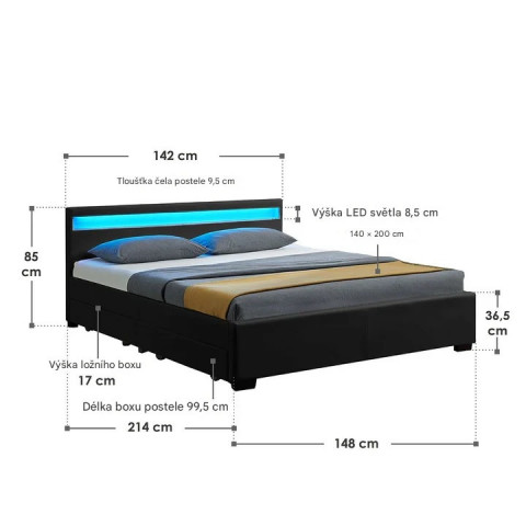 Pat tapițat Lyon cu spațiu de depozitare și iluminare LED 140 x 200 cm | negru č.7