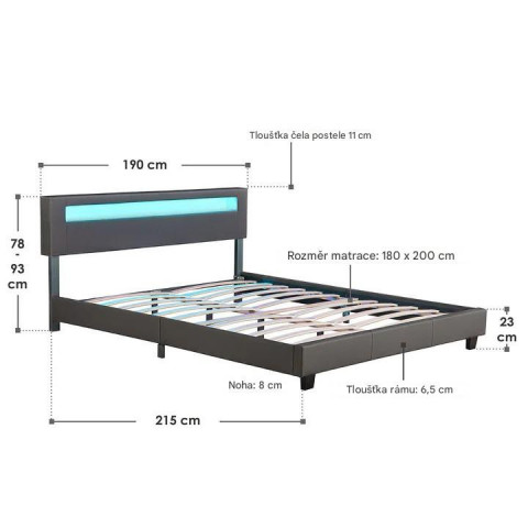 Pat tapițat Paris cu iluminare LED 180 x 200 cm | gri închis č.5