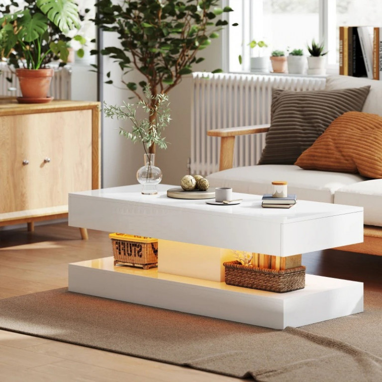 Măsuță de cafea cu iluminare LED în 12 culori, 120 x 50 x 42 cm | alb