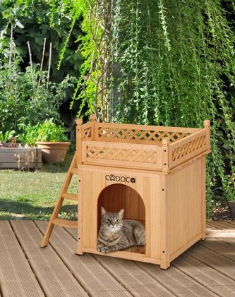 Cușcă pentru câini, din lemn, cu balcon și trepte