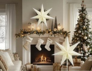 Stea decorativă LED din hârtie cu sclipici alb | albă č.1