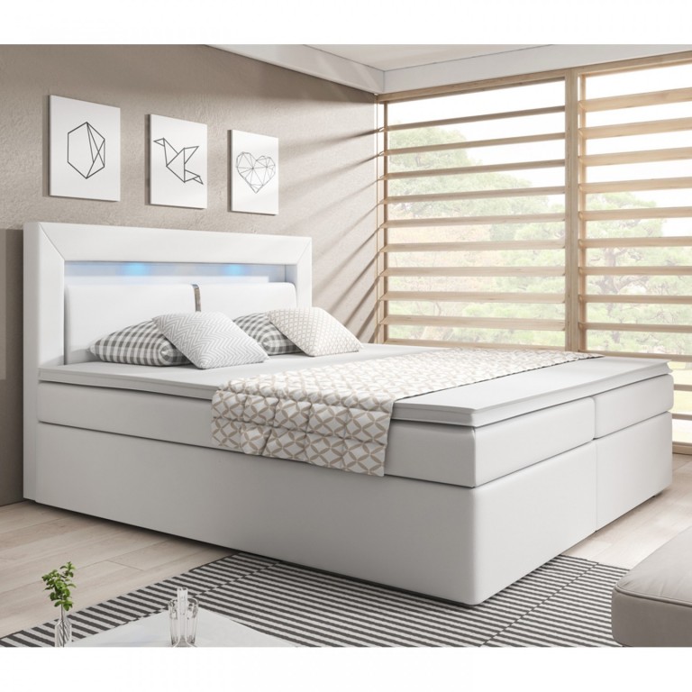 Pat Box Spring New Jersey cu spațiu de depozitare și iluminare LED 140 x 200 cm | alb