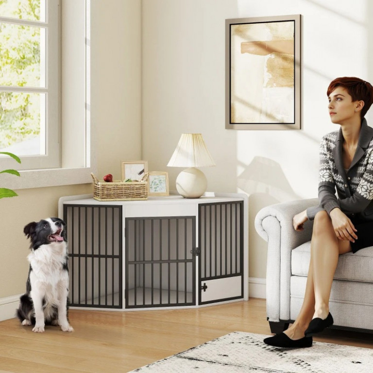 Cușcă de colț pentru câini 113 x 80 x 64 cm | alb