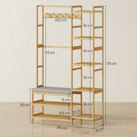 Cuier pentru paltoane cu 10 cârlige și bancă tapițată | natural č.3