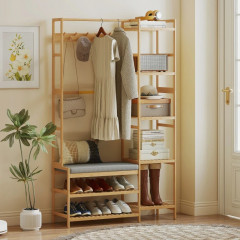 Cuier pentru paltoane cu 10 cârlige și bancă tapițată | natural č.1