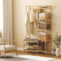 Cuier pentru paltoane cu 10 cârlige și bancă tapițată | natural č.2