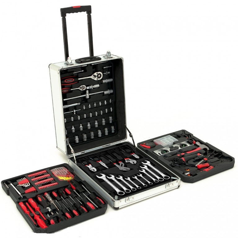 Trusă scule, cu roți, 899 piese | argintiu