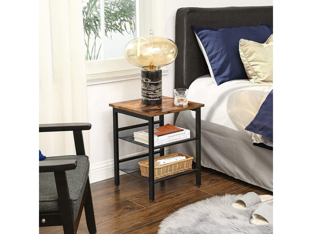 Masă laterală rustică cu rafturi | 40 x 40 x 55 cm