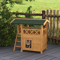 Căsuță cu două etaje pentru pisici 77 x 50 x 73 cm | natur + verde
