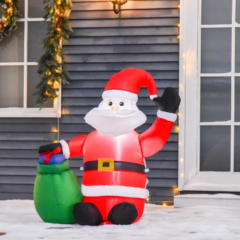 Moș Crăciun gonflabil cu cadou și lumini LED | 70 x 45 x 120 cm