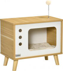 Căsuță pentru pisici în design TV 50x28x43 cm | bej + alb + stejar č.2