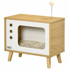 Căsuță pentru pisici în design TV 50x28x43 cm | bej + alb + stejar č.3