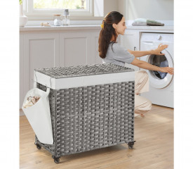 Coș de rufe mobil cu 3 compartimente aspect rattan | gri č.1