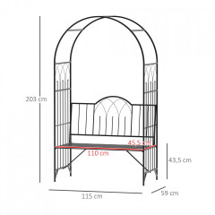 Arcadă de grădină pentru plante agățătoare cu bancă 121 x 50 x 203 cm | neagră č.2