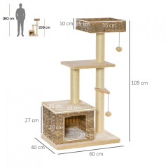 Ansamblu de joacă pentru pisici, din ratan cu suport de zgâriat 108 cm | maro + bej č.2